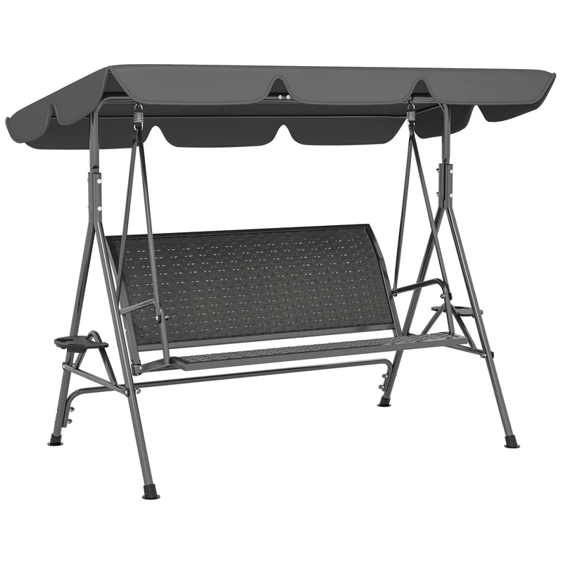 Dondolo da Giardino 3 Posti 204x112x150 cm con Tettuccio e Portabicchieri in Rattan PE e Acciaio Grigio