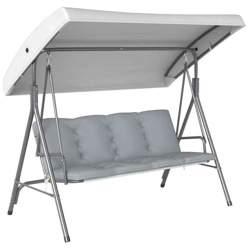 Dondolo da Giardino 3 Posti 172x110x156 cm con Tettuccio Regolabile e Cuscini in Acciaio e Poliestere Grigio Chiaro