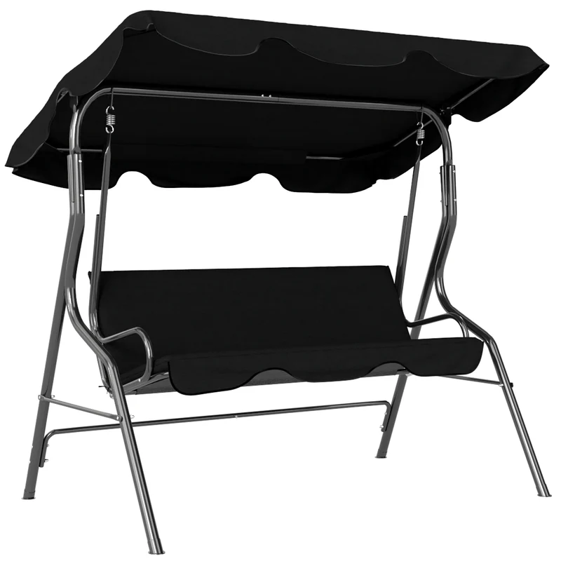 Dondolo 3 Posti 170x110x153 cm con Tettuccio Regolabile e Cuscini in Acciaio e Poliestere Nero