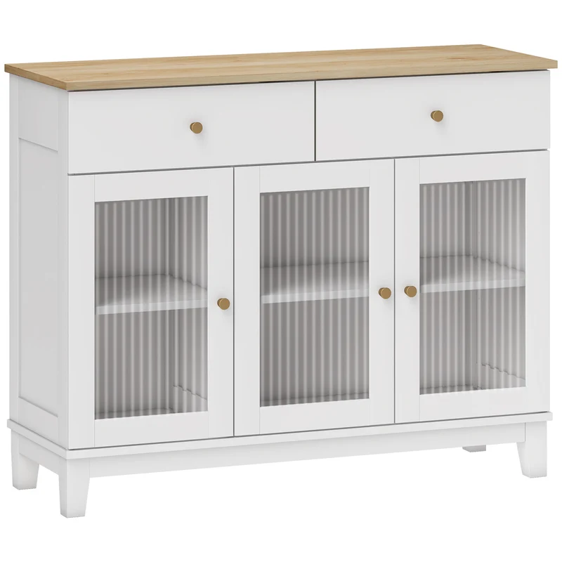 Credenza Cucina Mobile Buffet Ante in Vetro 100x35x80.3cm Bianco e Rovere