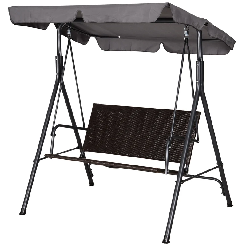 Dondolo da Giardino 2 Posti con Tettuccio Regolabile 140x110x151 cm in Metallo e Rattan PE Marrone e Grigio