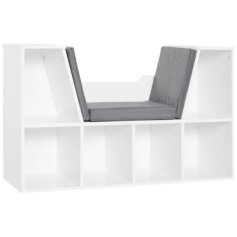Mobile Libreria 102x30x61 cm a 6 Sezioni Seduta con Cuscini Morbidi in Legno Spugna e Poliestere Bianco