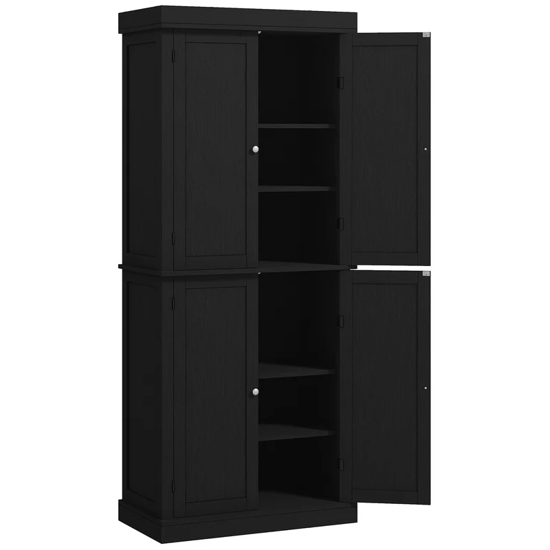 Mobile da Cucina Alto Credenza 76x40,5x184 cm con 6 Ripiani Regolabili e 4 Ante in Legno Nero