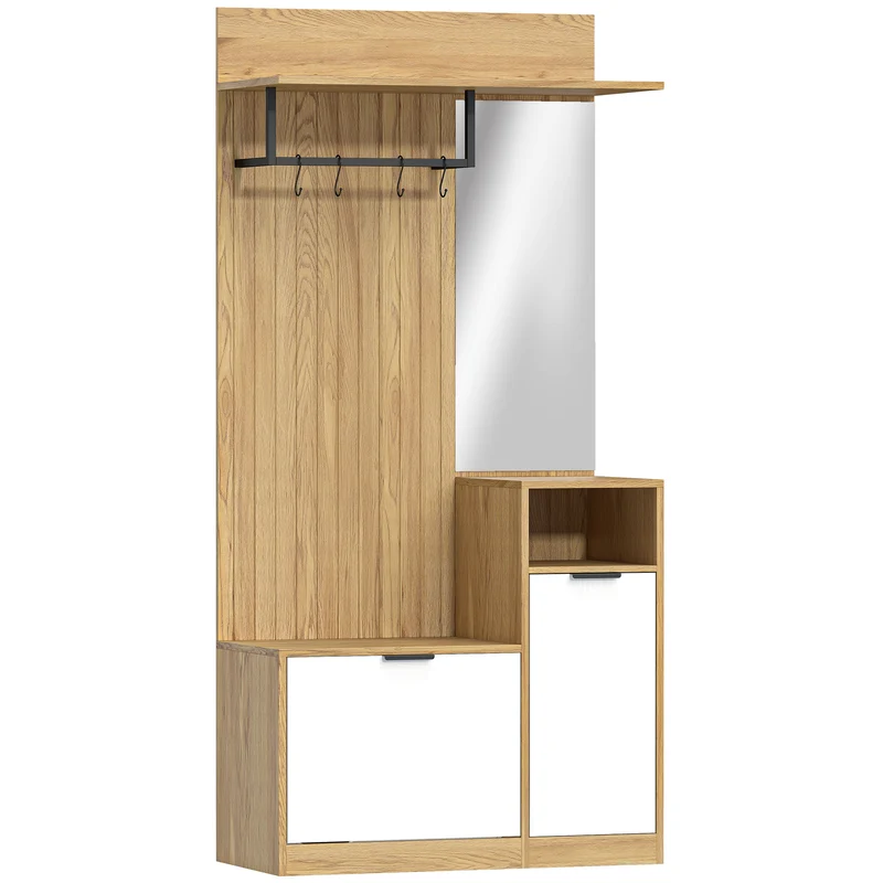 Mobile Appendiabiti da Ingresso 80x37x168 cm con Asta 4 Ganci Panca con Scarpiera e Armadietto in MDF Rovere e Bianco
