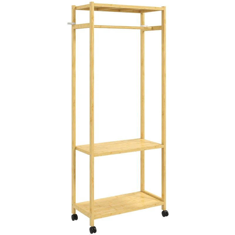 Stand Appendiabiti da Terra 70x35x175 cm con Barra Ripiani e 4 Ruote in Bambù Legno Naturale