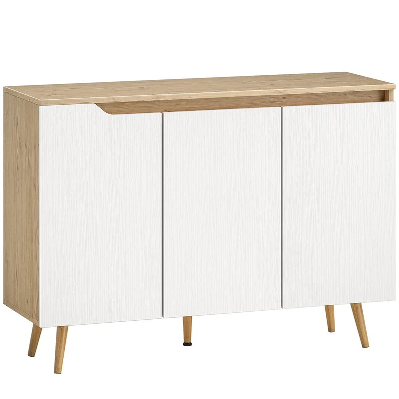 Credenza Moderna 107x35x76,5 cm a 3 Ante con 3 Ripiani Regolabili e 5 Gambe in Legno Bianco e Rovere