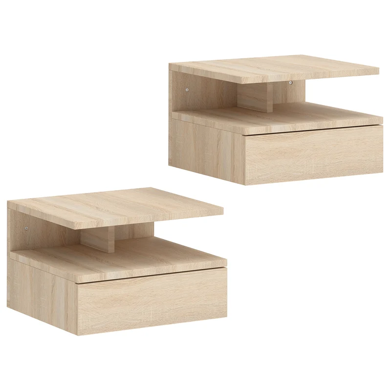 Set di 2 Comodini Sospesi 35x32x22,5 cm con Cassetto e Mensola Aperta in Legno Rovere