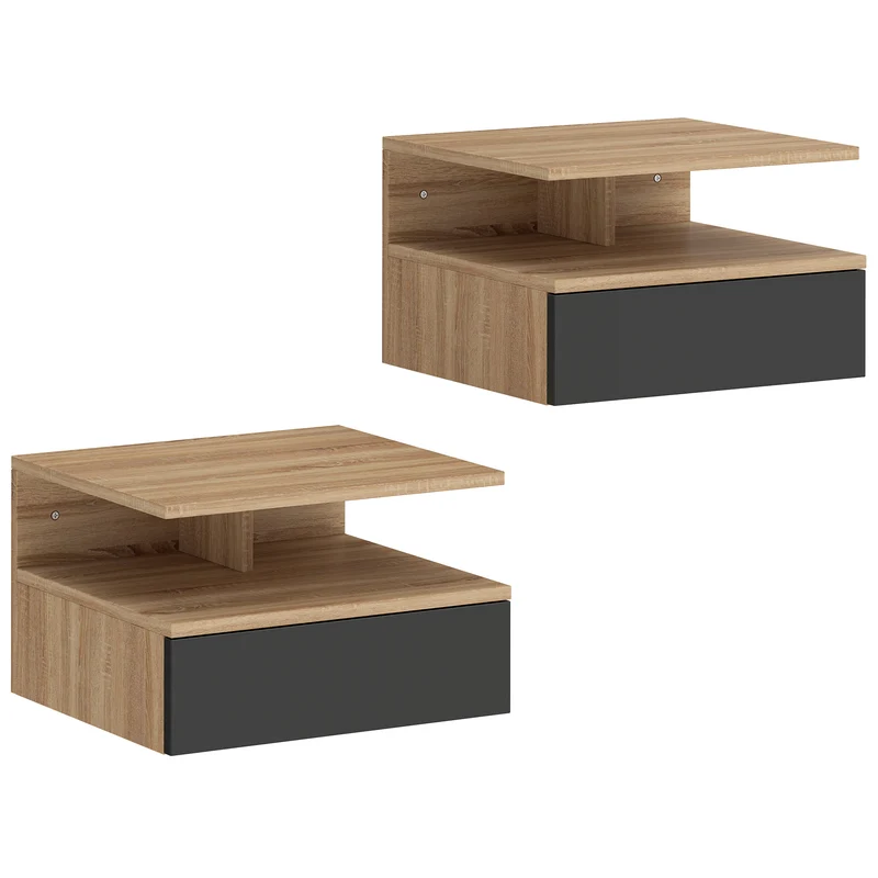 Set di 2 Comodini Sospesi 35x32x22,5 cm con Cassetto e Mensola Aperta in Legno Nero e Rovere