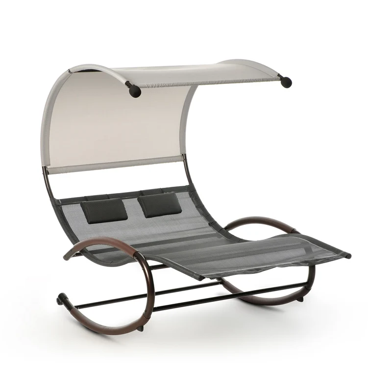 Dondolo da Giardino Rocking Lounge Duo S 197x140x176 cm con Parasole in Textilene Beige e Nero