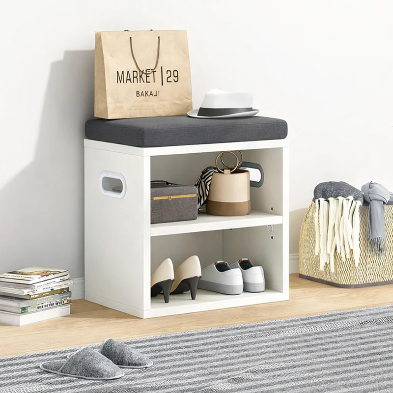 Panca Scarpiera da ingresso Industrial 44x30x40 cm con Cuscino Imbottito e Mensola Bianco Grigio