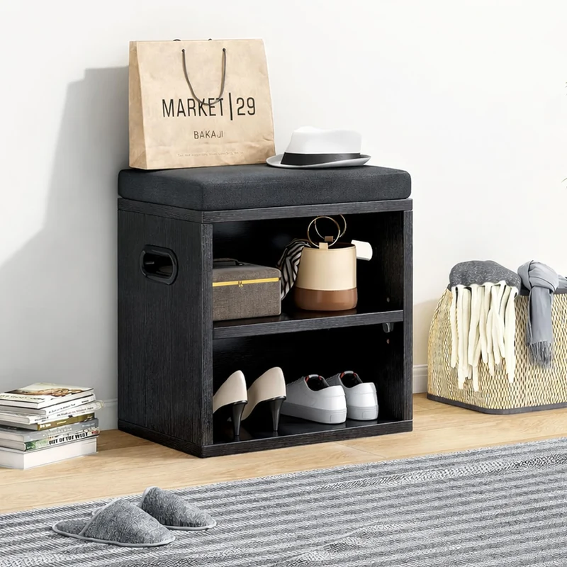 Panca Scarpiera da ingresso Industrial 44x30x40 cm con Cuscino Imbottito e Mensola Nero