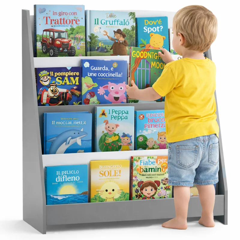 Libreria Montessoriana per Bambini 80x30x88 cm Scaffale in Legno Grigio