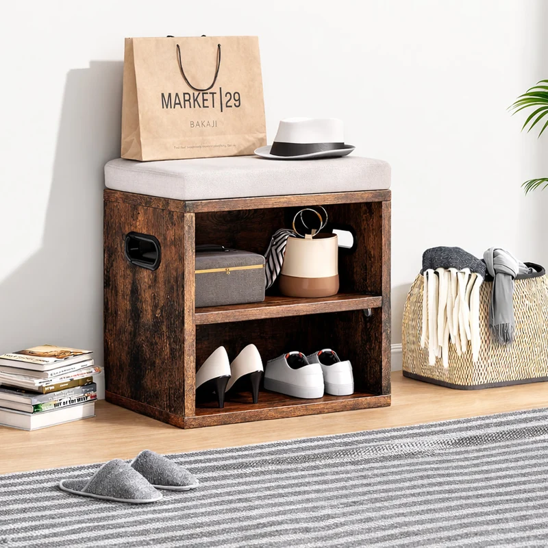 Panca Scarpiera da ingresso Industrial 44x30x40 cm con Cuscino Imbottito e Mensola Marrone Beige