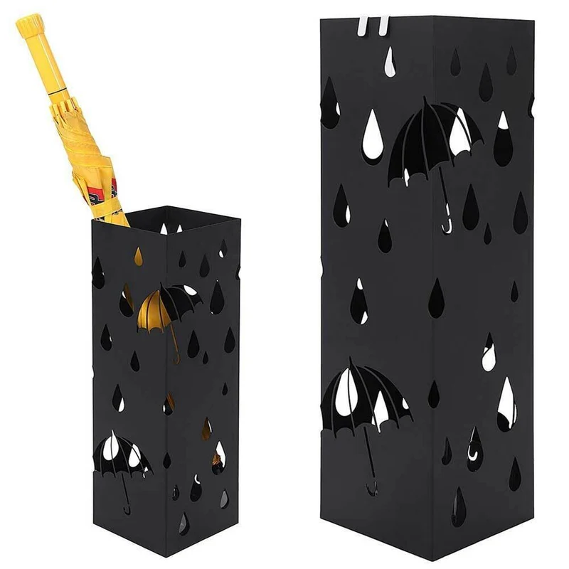 Portaombrelli Design Quadrato 49x15,5x15,5 cm Vaschetta Salvagoccia in Ferro Nero