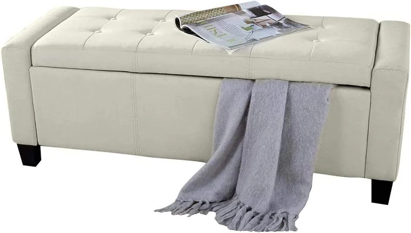 Cassapanca Pouf Contenitore Panca Fondoletto 110x40x40 cm in Legno e Eco Pelle Avorio