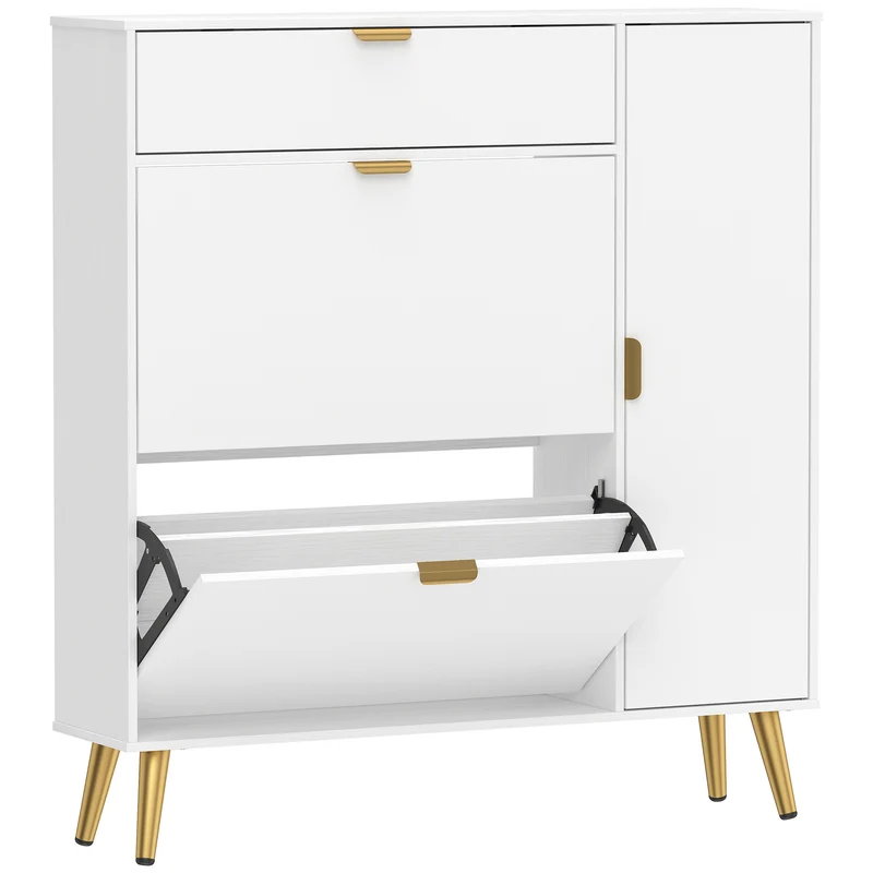 Scarpiera Salvaspazio Slim 99,4x23,8x106,6 cm per 12 Paia con Ante a Ribalta con Ripiani Regolabili in MDF Bianco