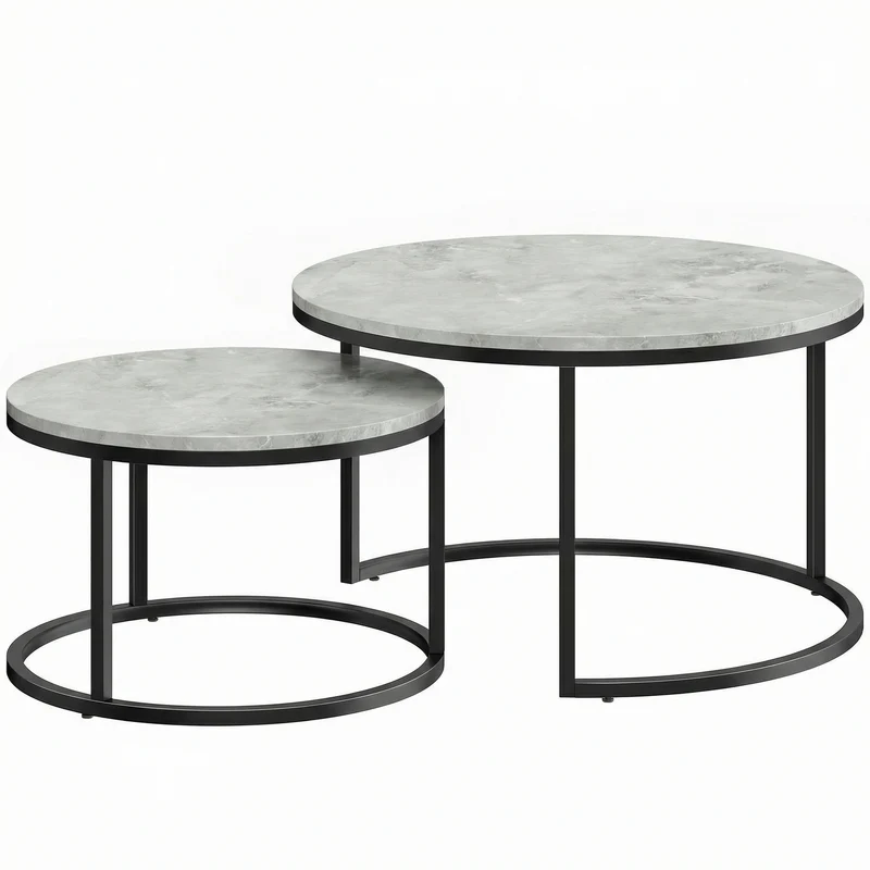 Set 2 Tavolini da Salotto Ø78,5x46,5 cm e Ø59x36,5 cm con Piano Effetto Marmo in Legno e Metallo Grigio Marmo