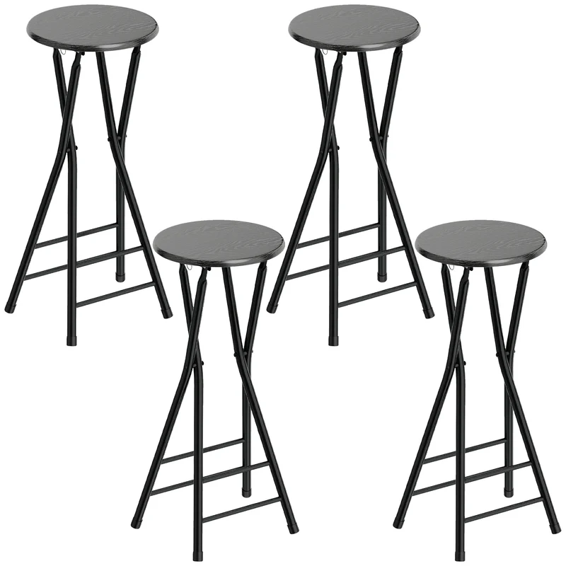 Set 4 Sgabelli Bar Pieghevoli 34x30x70 cm con Doppio Poggiapiedi in Legno e Acciaio Nero