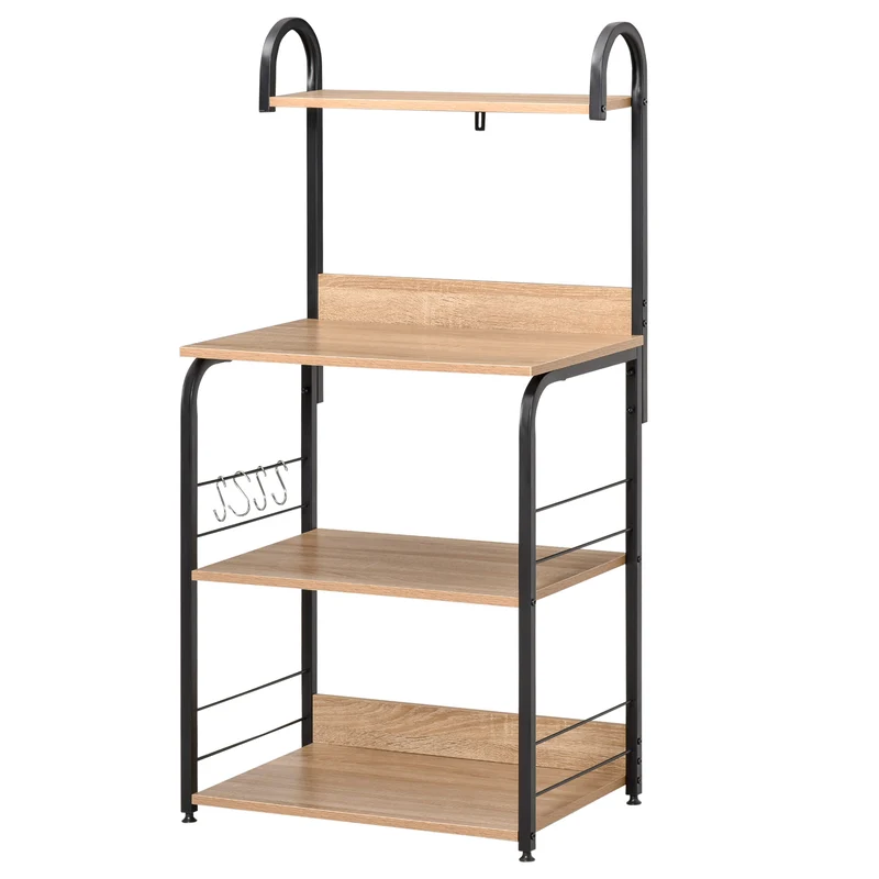 Mobiletto Microonde da Cucina 60x40x125 cm con 4 Ripiani e 4 Ganci in Acciaio e Legno Color Legno