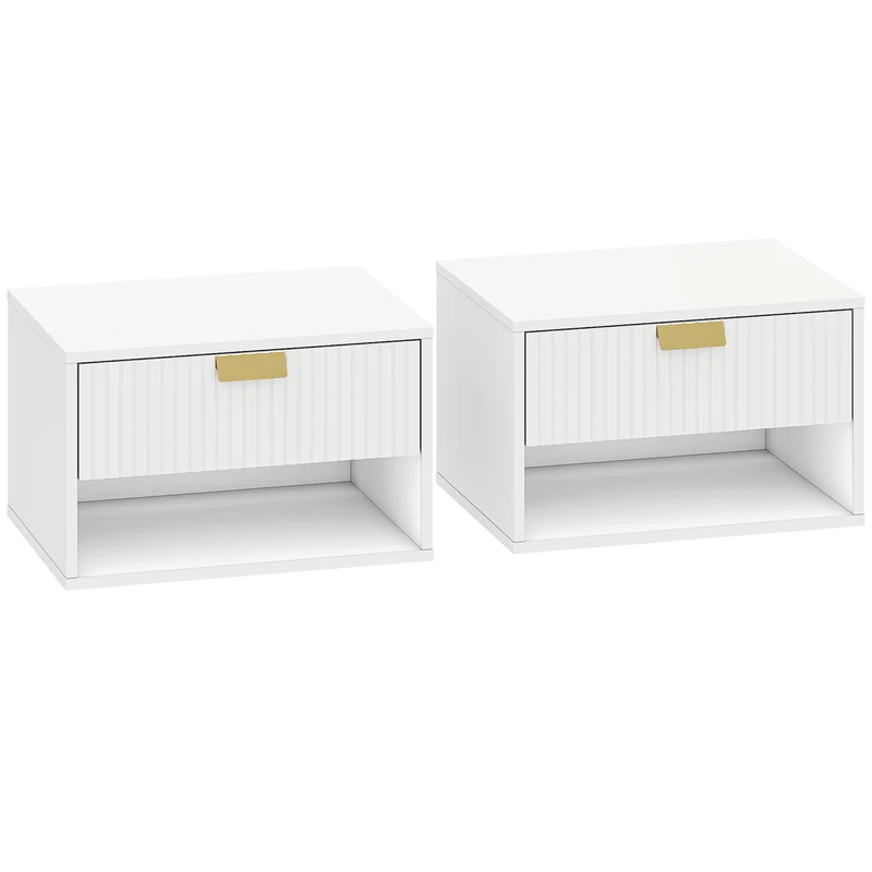 Set di 2 Comodini Sospesi 40x30x25 cm con Cassetto Canettato e Mensola Aperta in Melanina Bianco
