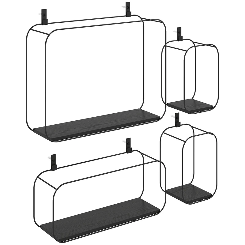 Set 4 Pezzi Mensole Flottanti Geometriche per Soggiorno in Metallo e MDF Nero