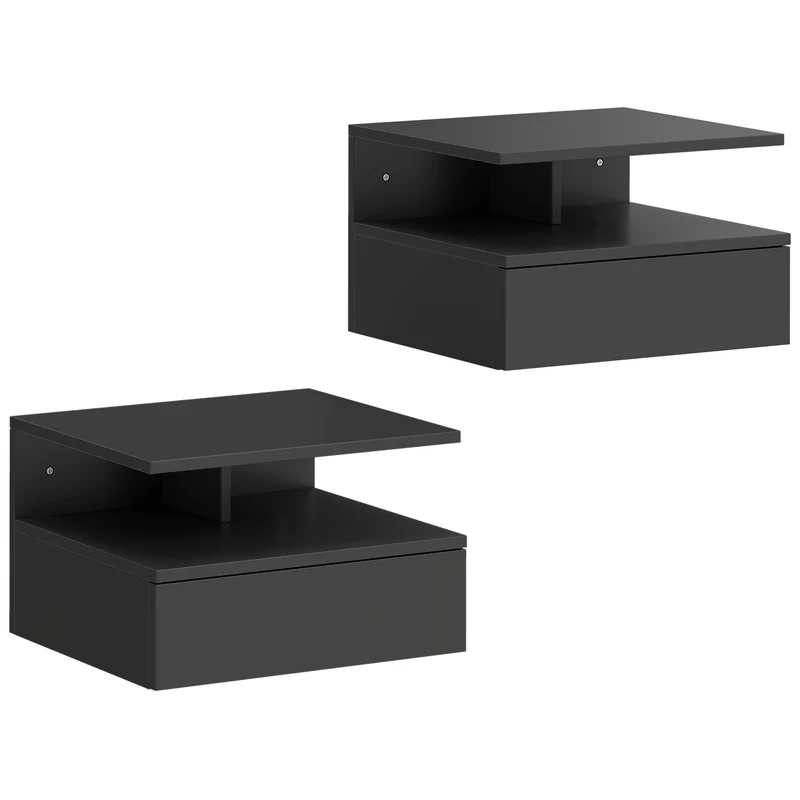 Set di 2 Comodini Sospesi 35x32x22,5 cm con Cassetto e Mensola Aperta Rivestimento in Melamina Nero
