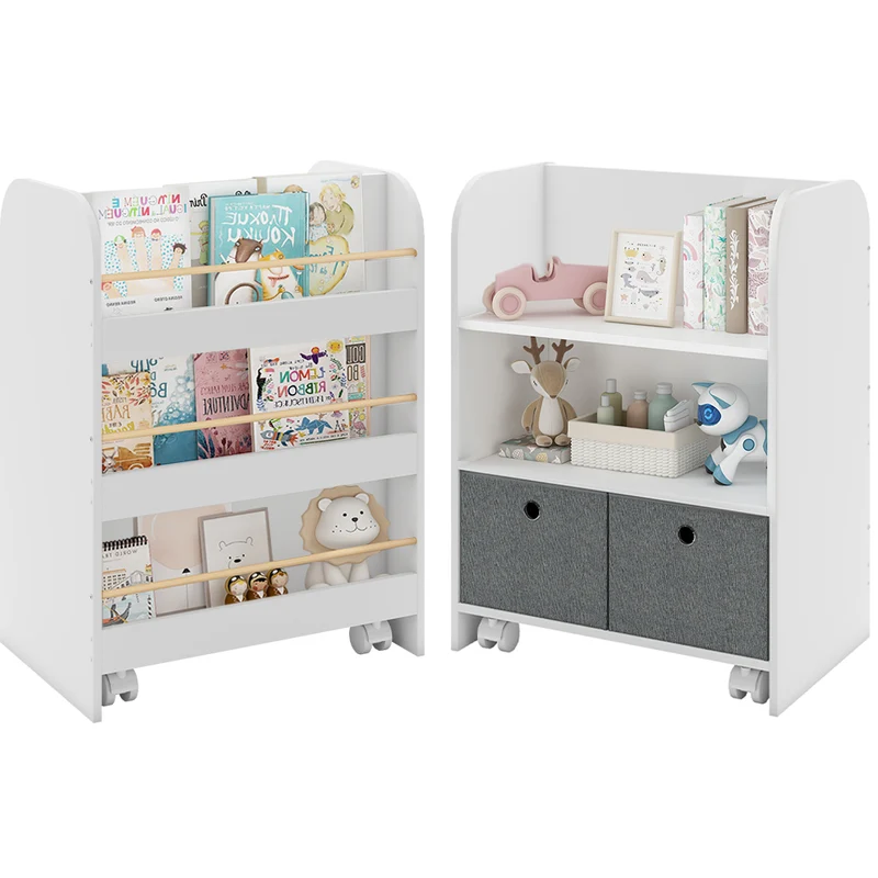 Libreria Montessoriana per Bambini con Ruote 2 in 1 Cassetti in Tessuto in Legno