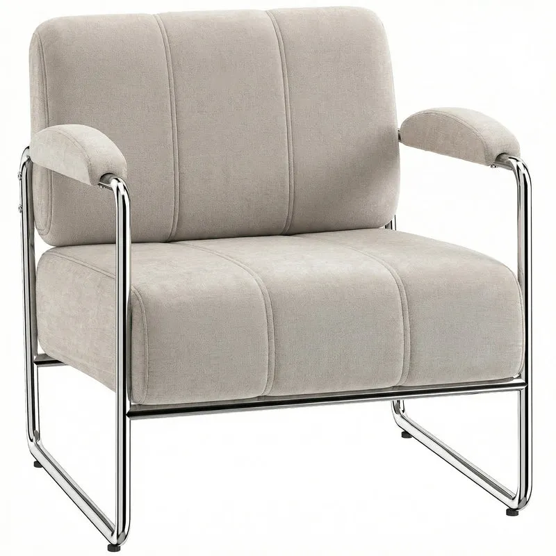 Poltrona Elegante Seduta Ampia Telaio in Acciaio e Rivestimento in Ciniglia Morbida Beige