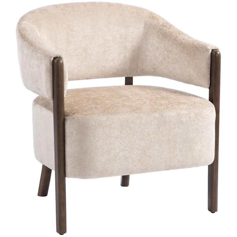 Poltrona da Camera Rivestita in Ciniglia con Struttura e Gambe in Legno Massello Beige
