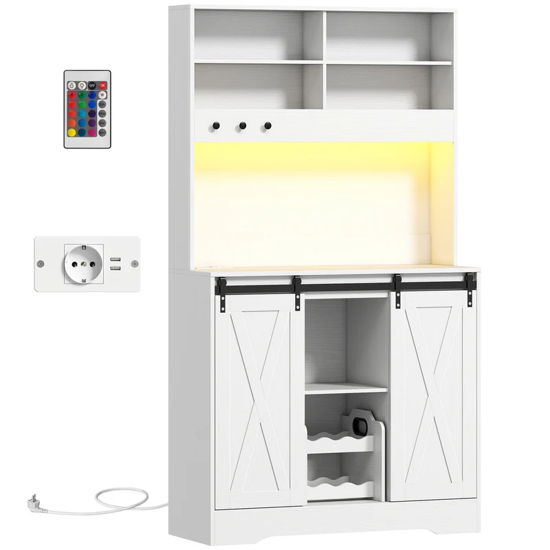 Credenza Cucina 100x38x180 cm con Prese Elettriche Luce LED Portabottiglie e Ante Scorrevoli Bianco