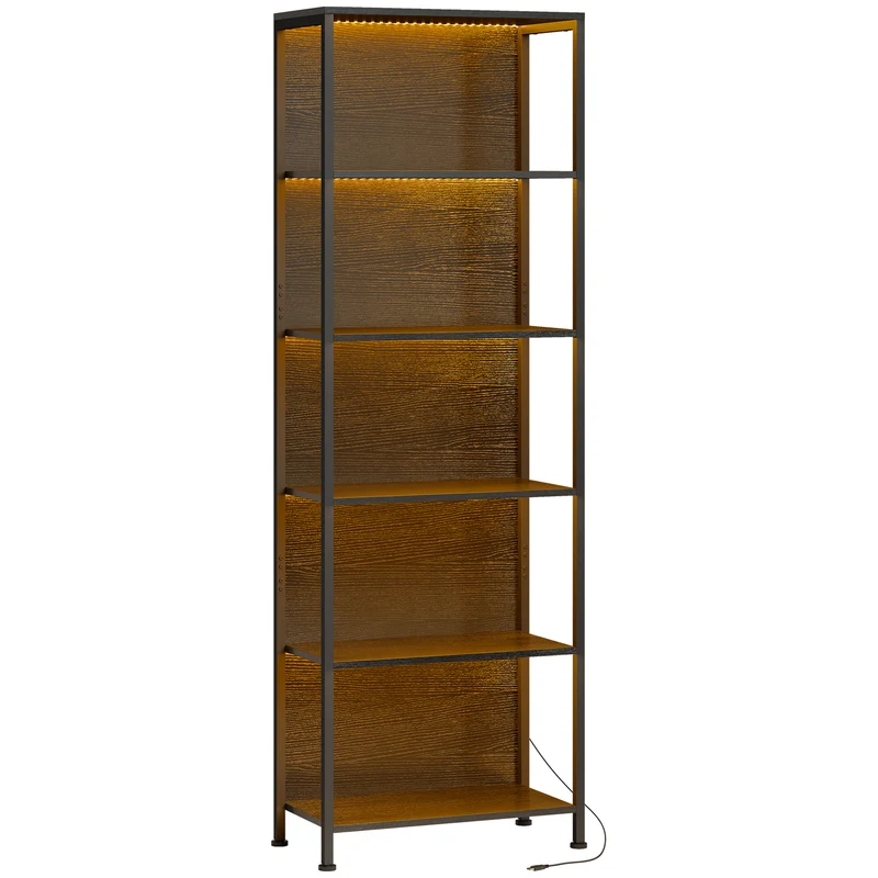 Libreria Scaffale in Stile Industriale 60x30x179 cm a 5 Ripiani con Illuminazione LED, in Metallo e Legno Nero