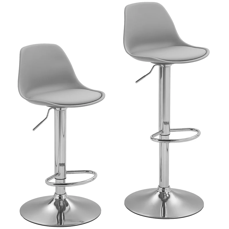 Set 2 Sgabelli da Bar 38x42x82-104 cm con Schienale e Poggiapiedi in PP Pelle PU e Acciaio Grigio