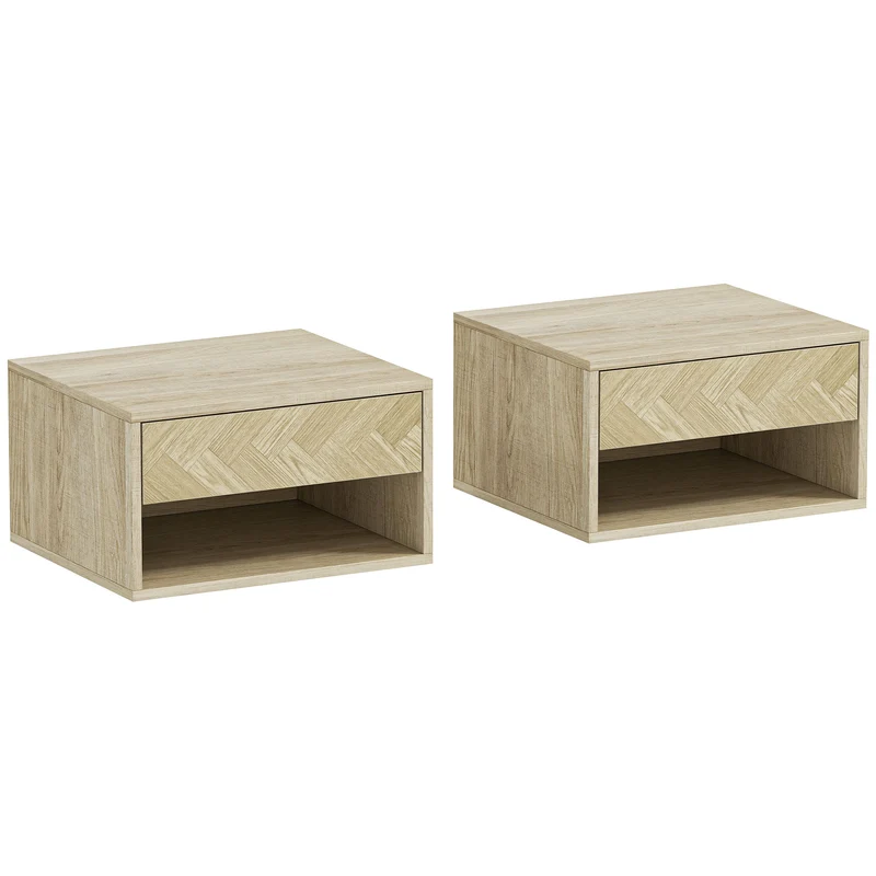 Set di 2 Comodini Sospesi Moderni 37x32x21 cm con Cassetto e Vano Aperto in Melamina Legno Naturale