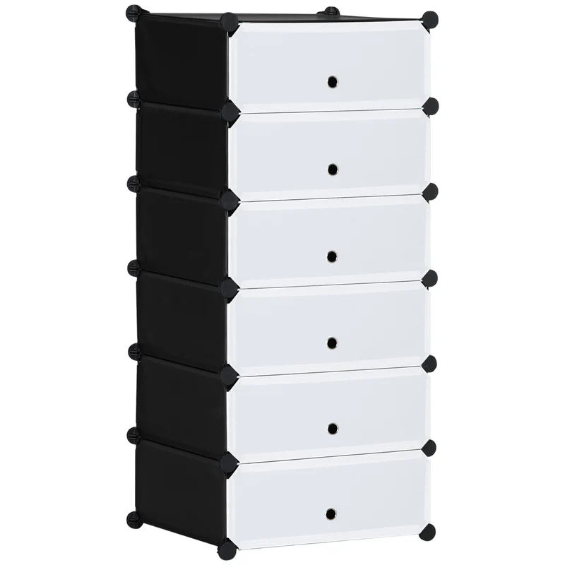 Scarpiera Modulare Salvaspazio 49x36.5x108 cm con 6 Scatole in Plastica PP e Acciaio Nero e Trasparente