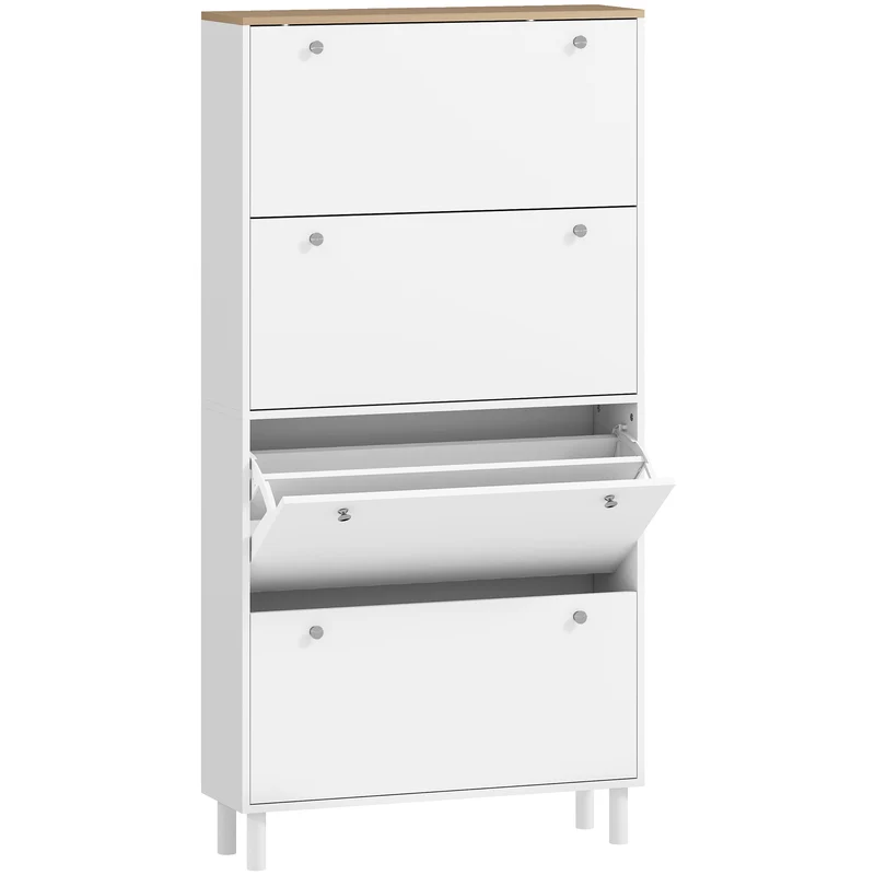 Scarpiera Slim per 24-32 Scarpe 80x23,5x157 cm con 4 Cassetti Ribaltabili e Ripiani Regolabili in Legno Bianco