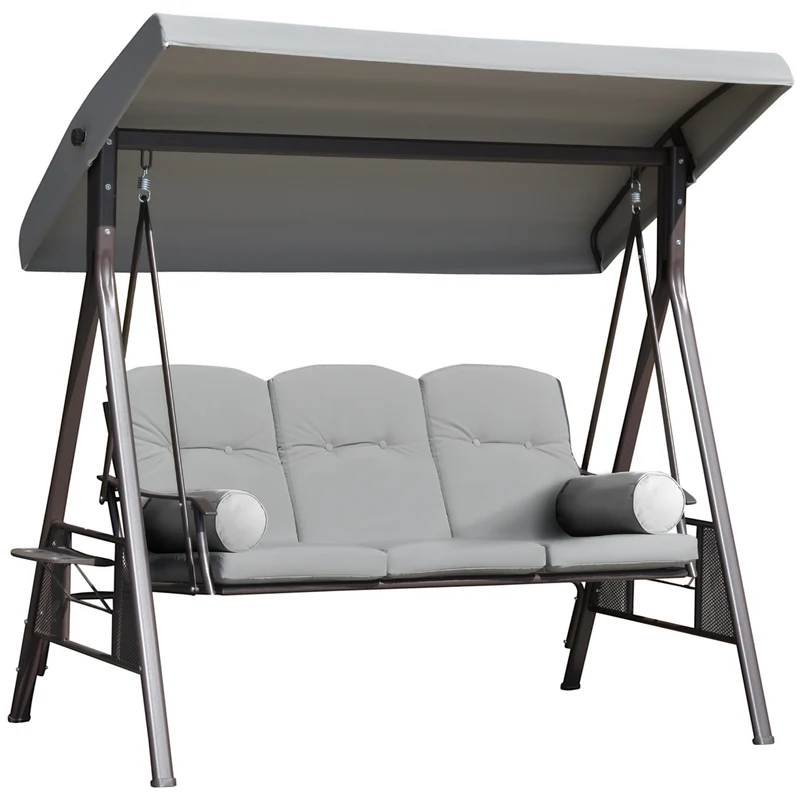 Dondolo da Giardino 3 Posti 208x121x172 cm con Tetto Regolabile Portabicchieri e Cuscini in Metallo e Tessuto Grigio Chiaro