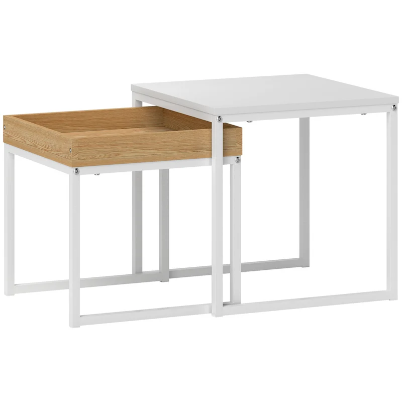 Set di Tavolini da Caffè Impilabili Moderni 45x45x45 cm con Vassoio in MDF e Acciaio Bianco e Rovere