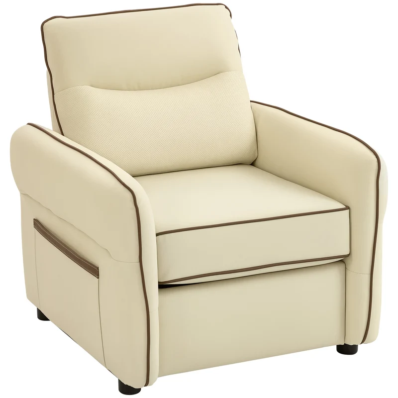 Poltrona da Salotto Moderna con Imbottitura Spessa Tasca Laterale e Rivestimento in Finta Pelle Beige