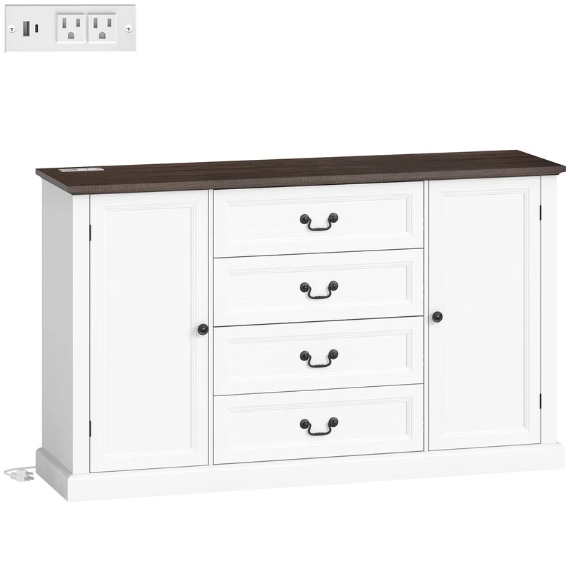 Credenza da Cucina Stile Vintage 147x40x87 cm con 4 Cassetti e 2 Armadietti con Mensole Regolabili Legno Bianco