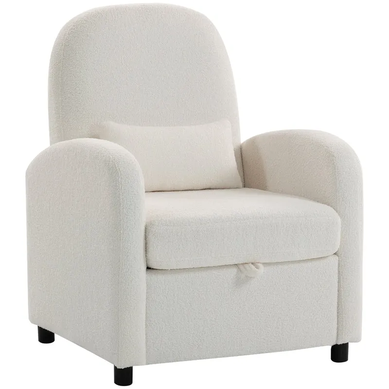 Poltrona Moderna 76x77x95 cm con Spazio Contenitore a Scomparsa e Cuscino Rivestimento in Pile Teddy Crema