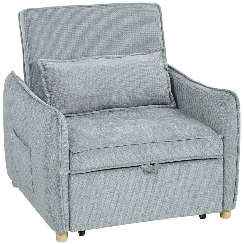 Poltrona Letto 3 in 1 con Schienale Reclinabile e Cuscino 88x84x87 cm Rivestimento in Ciniglia Grigio