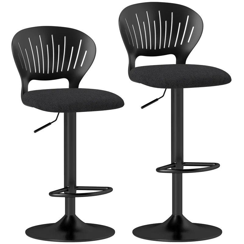 Set 2 Sgabelli da Bar 40,5x43x84-105 cm in Tessuto Effetto Lino e Metallo con Poggiapiedi Nero