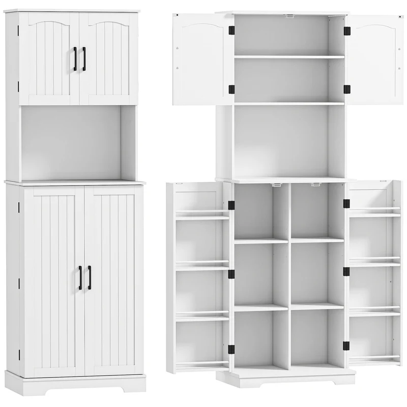Credenza da Cucina Alta Stile Country 60x40x181,5 cm 2 Armadietti e 8 Portaspezie in MDF Bianco