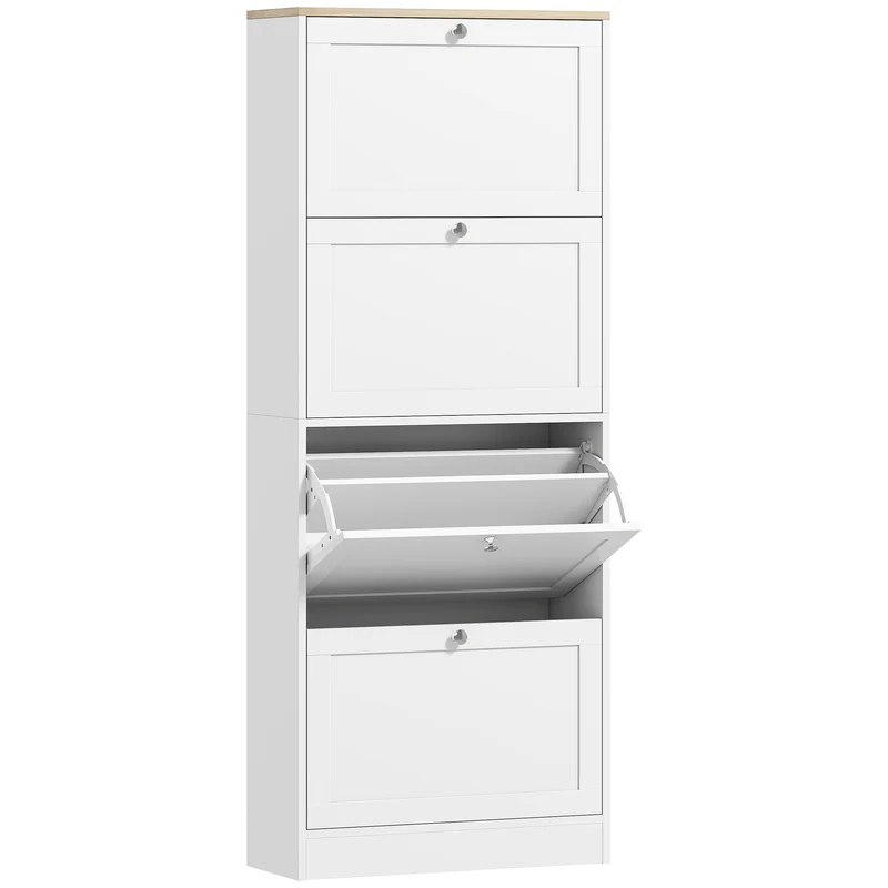 Scarpiera Salvaspazio 60x23,5x151 cm a 4 Cassetti con Ripiani Regolabili su 2 Livelliin MDF Bianco
