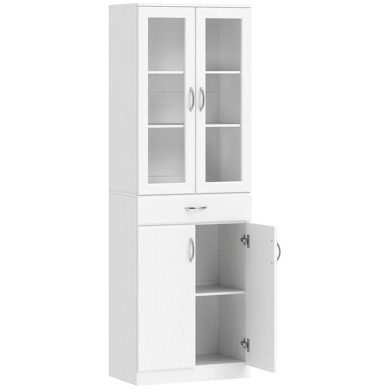 Credenza Cucina 60x35x180 cm con 2 Armadietti e un Cassetto Mensole Regolabili e Ante in Vetro in Legno Bianco