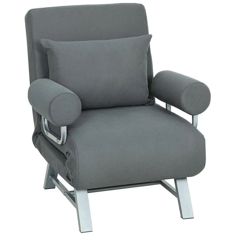 Poltrona Letto 3 in 1 con Schienale Reclinabile su 5 Livelli 73x78x81 cm in Tessuto Effetto Lino Grigio Scuro