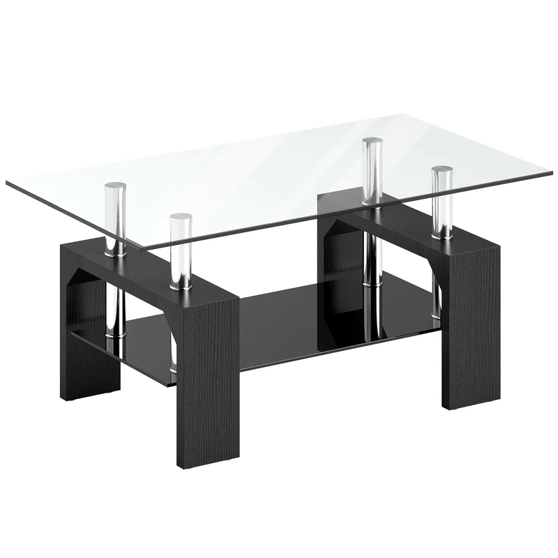 Tavolino da Caffè Moderno a 2 Livelli 90x50x42 cm con Piano in Vetro Temperato in Legno e Acciaio Nero