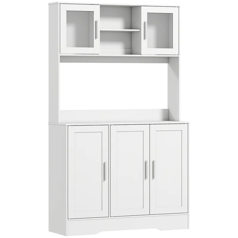 Mobile Dispensa 108x35x180 cm con 4 Armadietti 2 Ripiani Aperti e Piano da Lavoro in Legno e Vetro Bianco