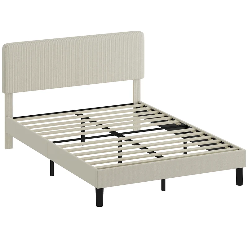 Struttura Letto 140x200 cm con Testiera Imbottita Regolabile in Altezza e Doghe in Velluto a Coste Grigio