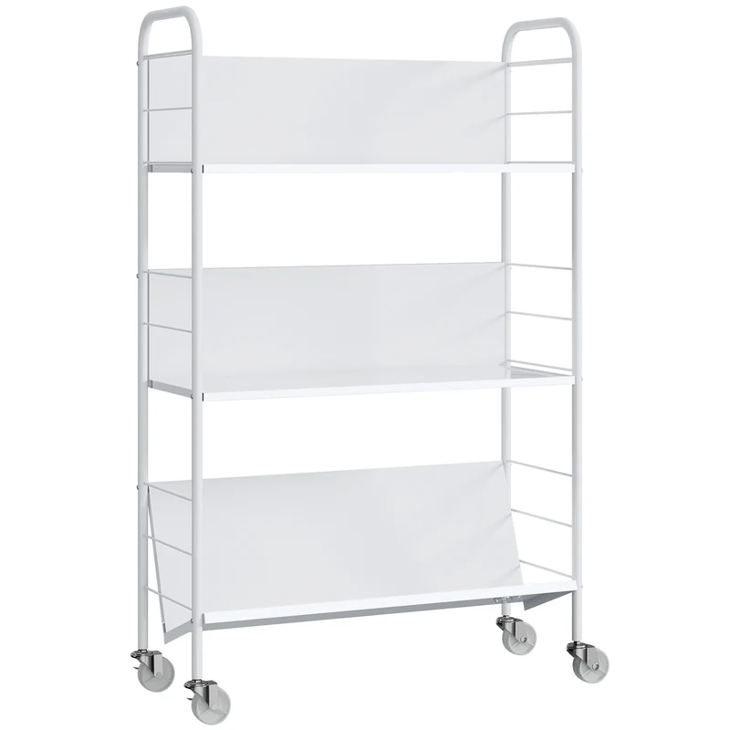 Carrello Portalibri Moderno a 3 Livelli 69x26x108 cm con Ruote Girevoli in Metallo e PP Bianco
